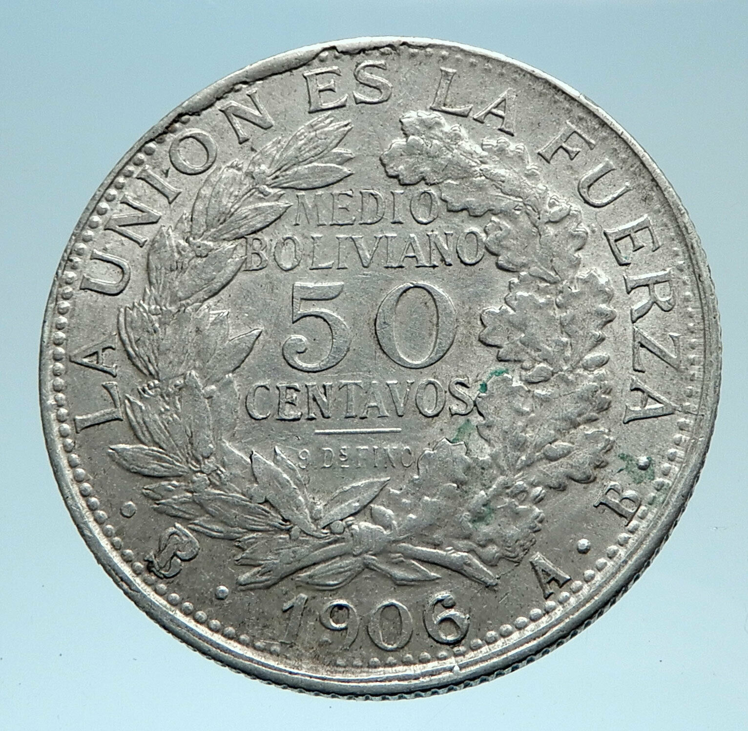 1906 AB BOLIVIA Antique Wreath Eagle Hill Genuine 50 Centavos Silver Coin i78271