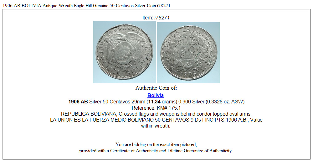 1906 AB BOLIVIA Antique Wreath Eagle Hill Genuine 50 Centavos Silver Coin i78271