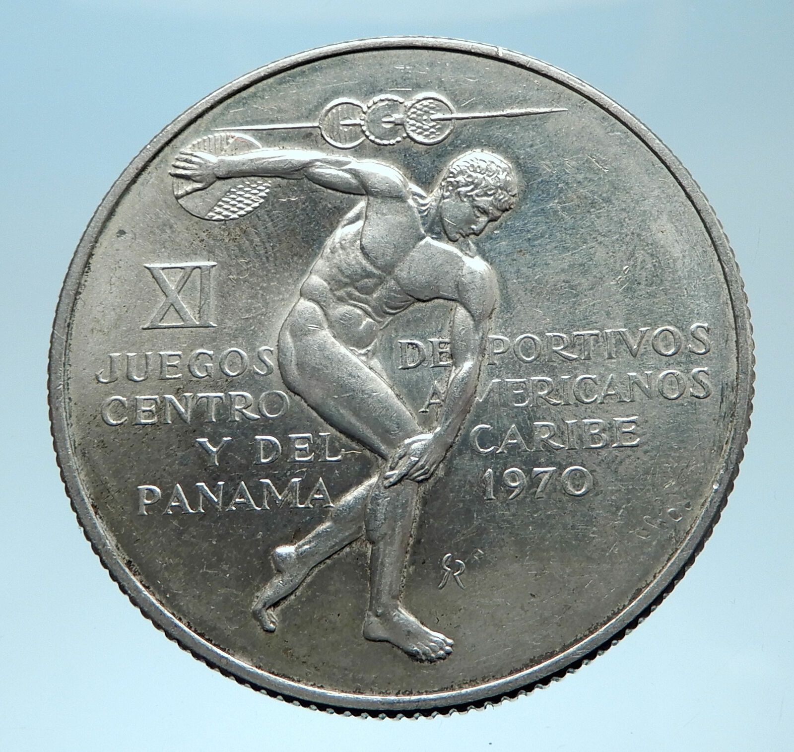 1970 PANAMA Olympic Style Games w GREEK DISC THROWER ATHLETE Silver Coin i77810