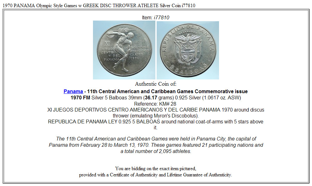 1970 PANAMA Olympic Style Games w GREEK DISC THROWER ATHLETE Silver Coin i77810