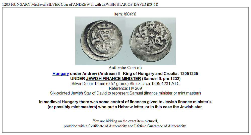 1205 HUNGARY Medieval SILVER Coin of ANDREW II with JEWISH STAR OF DAVID i80418