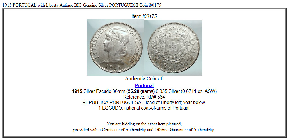 1915 PORTUGAL with Liberty Antique BIG Genuine Silver PORTUGUESE Coin i80175