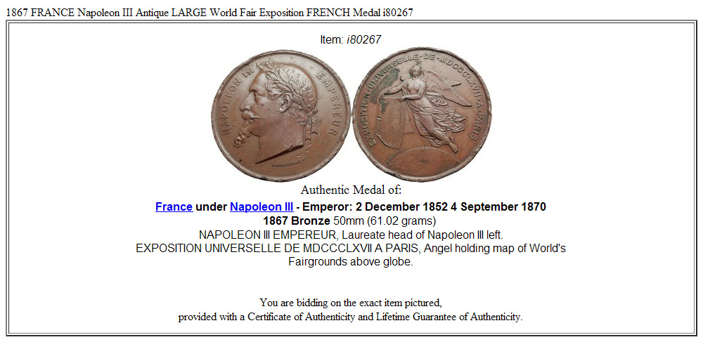 1867 FRANCE Napoleon III Antique LARGE World Fair Exposition FRENCH Medal i80267