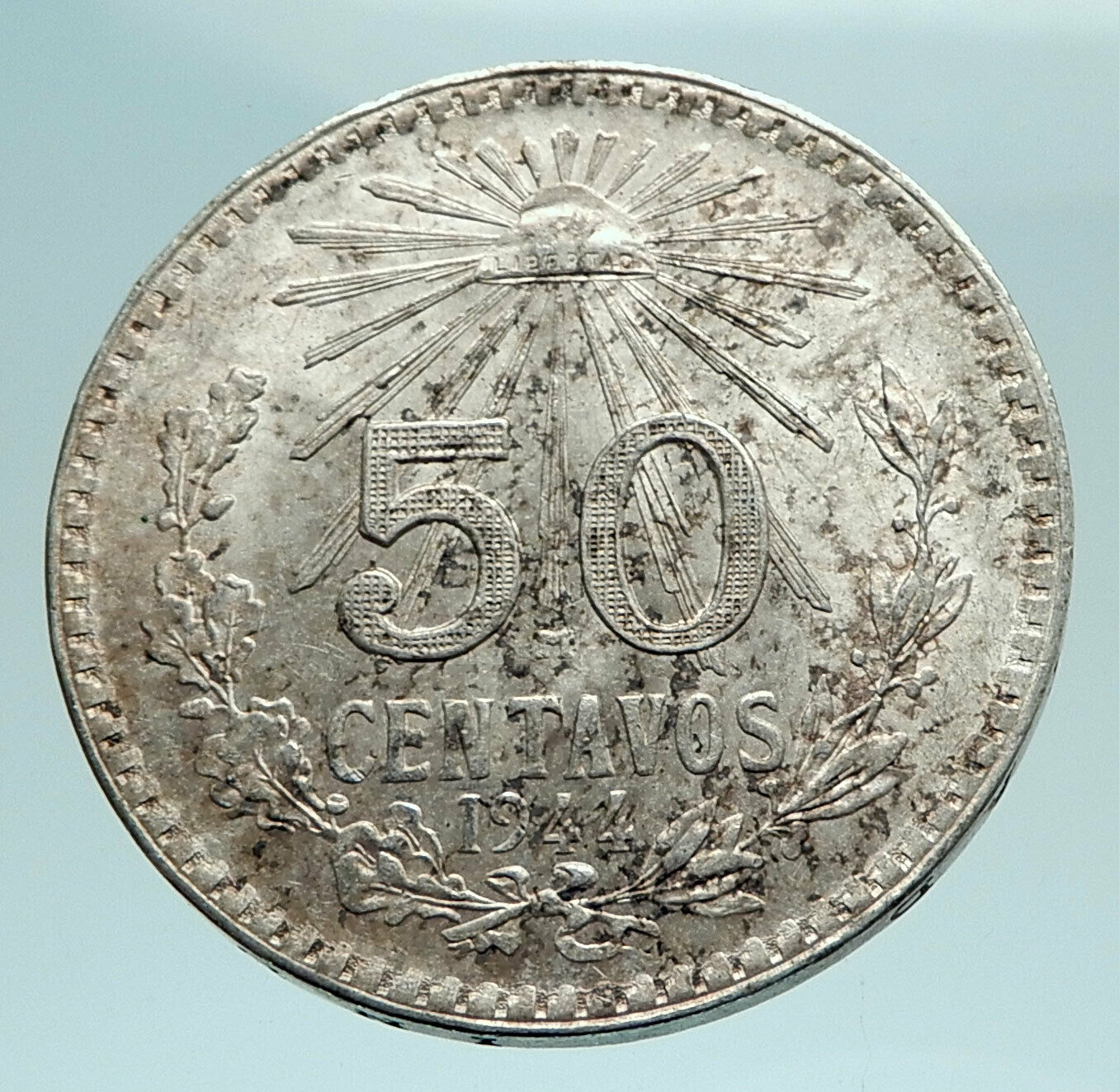 1944 MEXICO City EAGLE CACTUS SERPENT Silver 50 Centavos Mexican Coin i79552