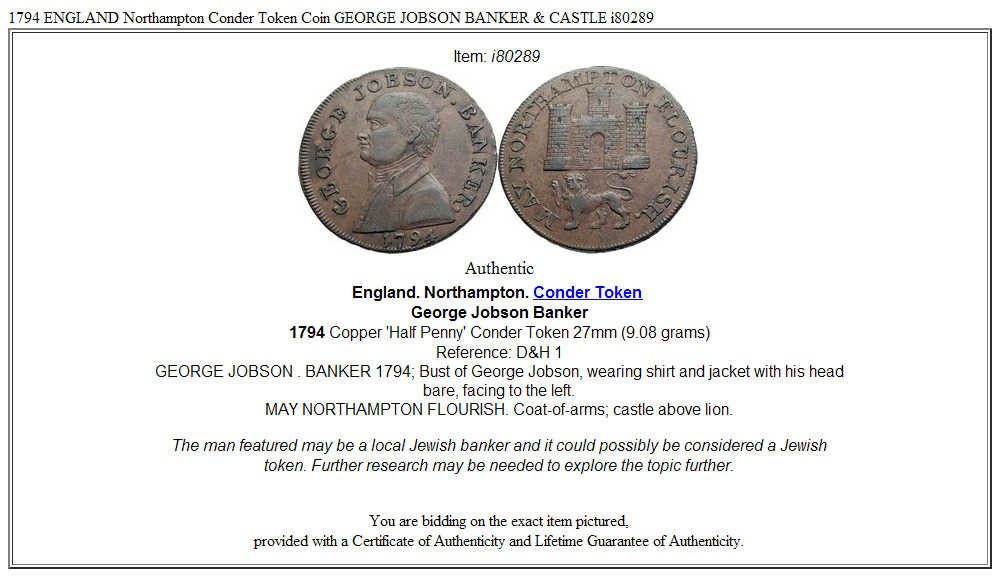 1794 ENGLAND Northampton Conder Token Coin GEORGE JOBSON BANKER & CASTLE i80289