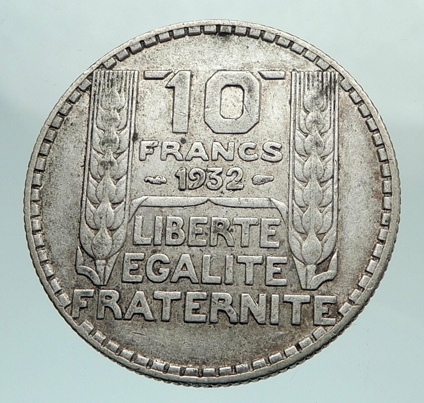 1932 FRANCE w Marianne FRENCH MOTTO Antique Genuine Silver 10 Francs Coin i80114