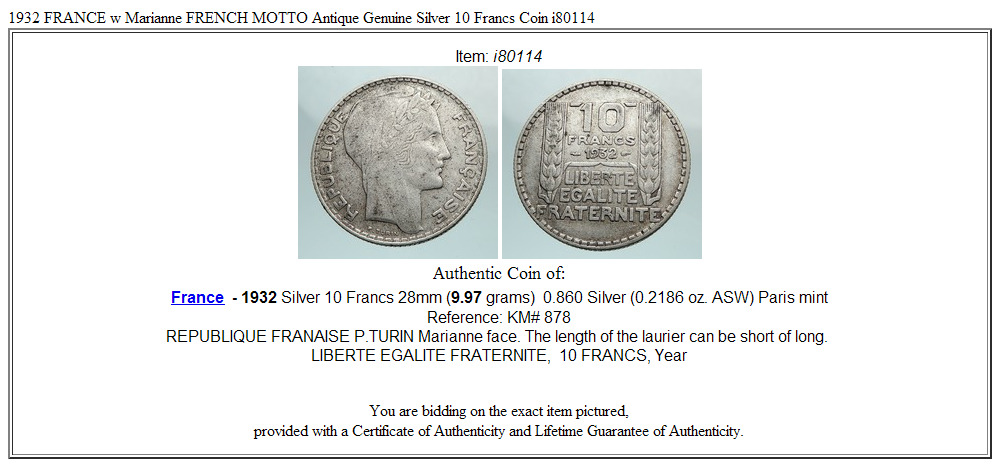 1932 FRANCE w Marianne FRENCH MOTTO Antique Genuine Silver 10 Francs Coin i80114