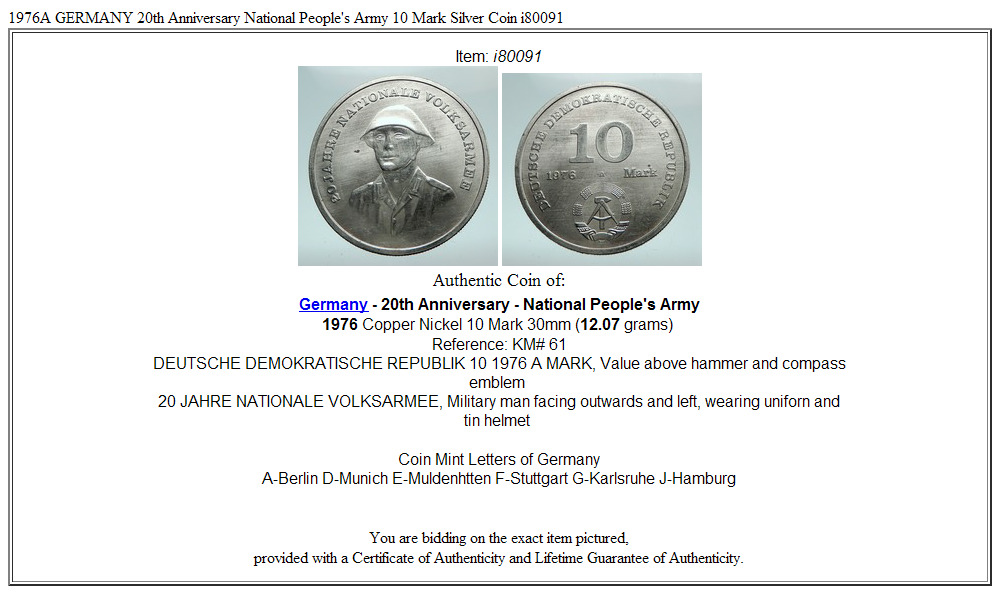 1976A GERMANY 20th Anniversary National People's Army 10 Mark Silver Coin i80091