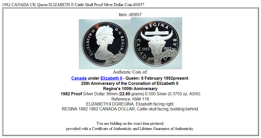 1982 CANADA UK Queen ELIZABETH II Cattle Skull Proof Silver Dollar Coin i80857