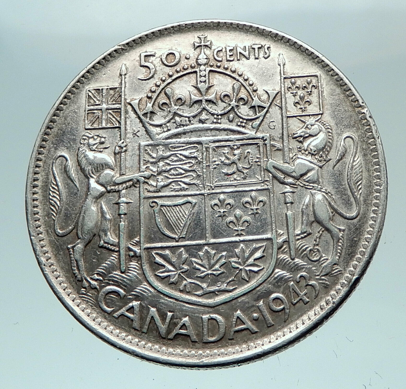 1943 CANADA UK King GEORGE VI Coat-of-Arms Large SILVER 50 Cents Coin i80983