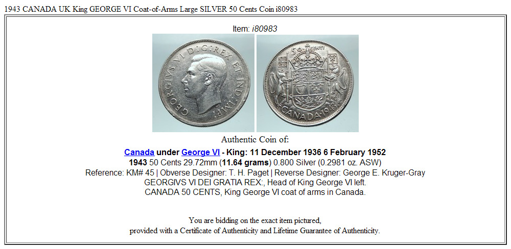 1943 CANADA UK King GEORGE VI Coat-of-Arms Large SILVER 50 Cents Coin i80983