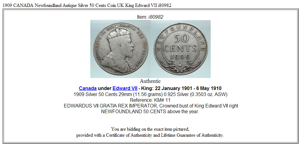 1909 CANADA Newfoundland Antique Silver 50 Cents Coin UK King Edward VII i80982