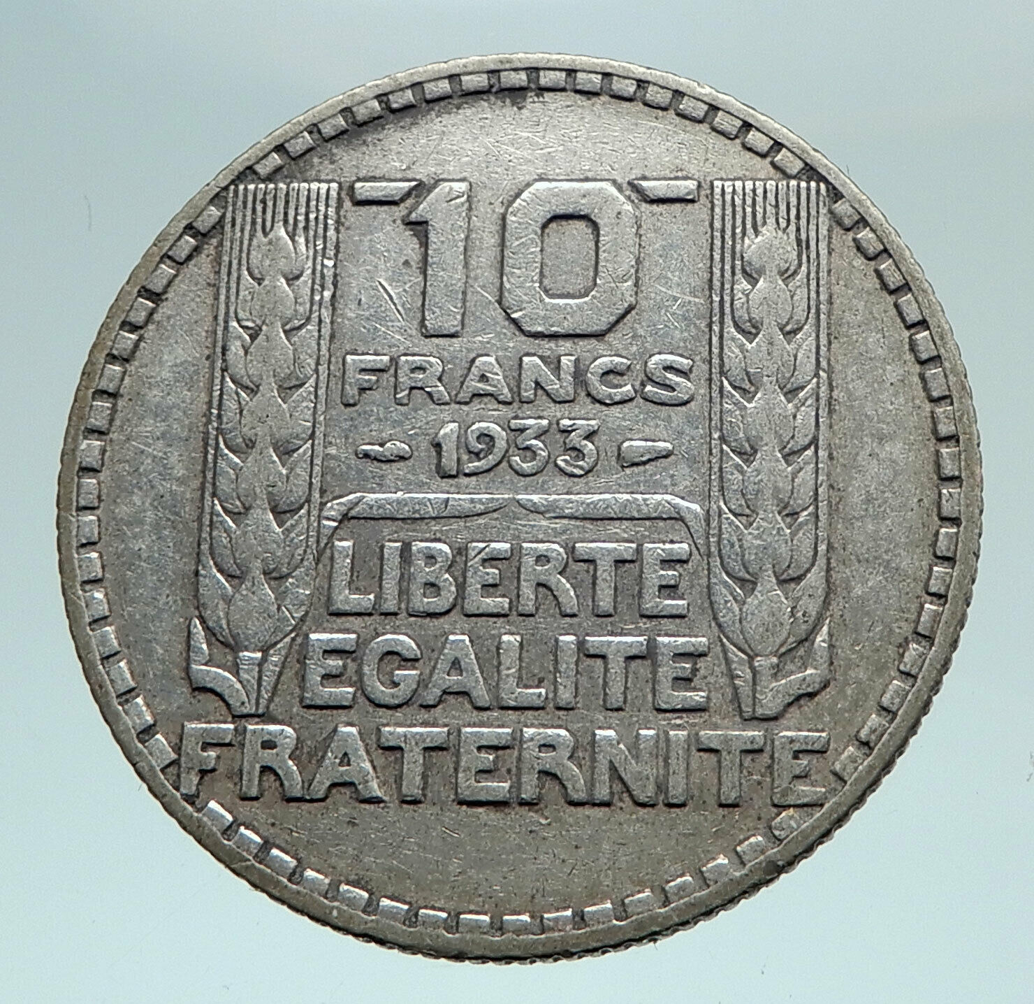 1933 FRANCE w Marianne FRENCH MOTTO Antique Genuine Silver 10 Francs Coin i81023