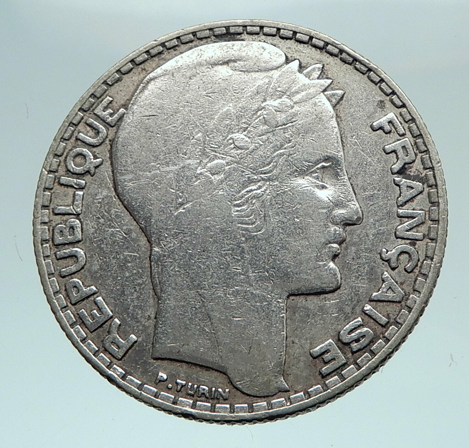 1933 FRANCE w Marianne FRENCH MOTTO Antique Genuine Silver 10 Francs Coin i81023