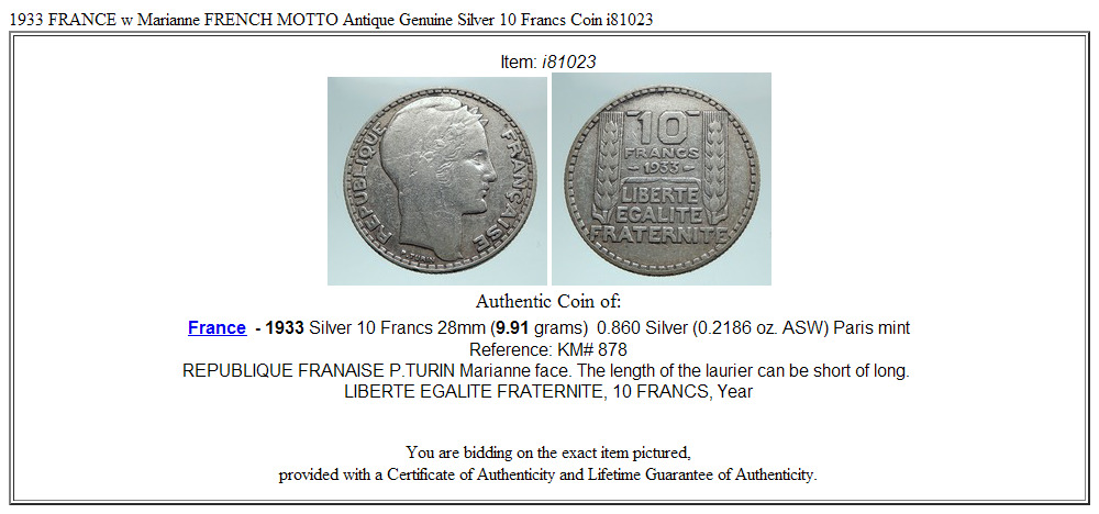 1933 FRANCE w Marianne FRENCH MOTTO Antique Genuine Silver 10 Francs Coin i81023