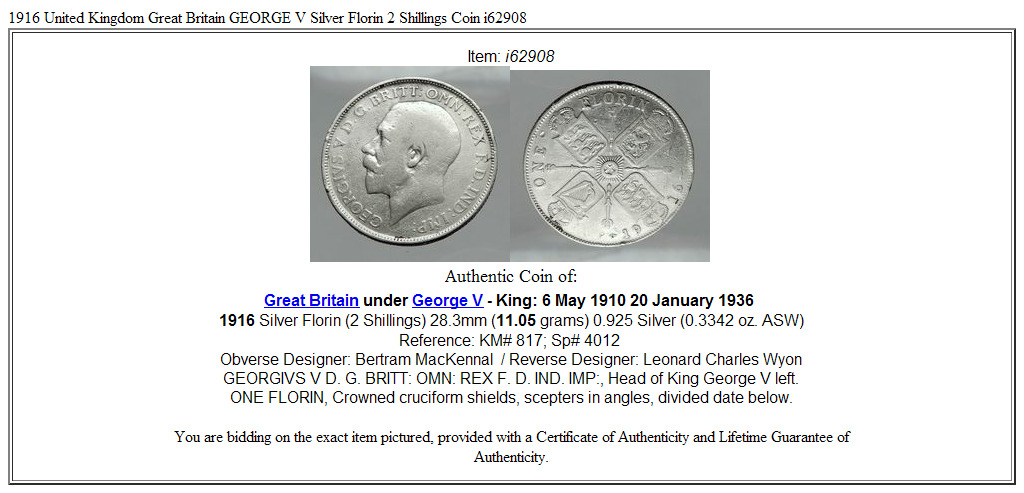 1916 United Kingdom Great Britain GEORGE V Silver Florin 2 Shillings Coin i62908