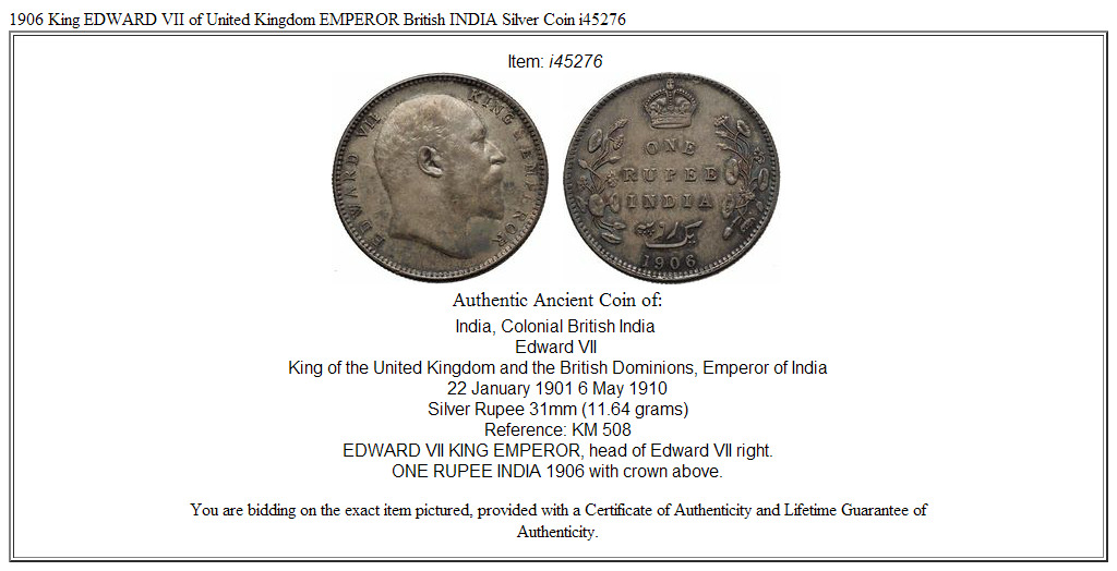 1906 King EDWARD VII of United Kingdom EMPEROR British INDIA Silver Coin i45276