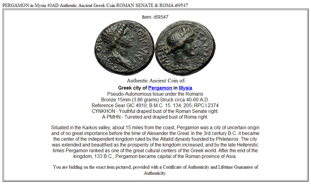 PERGAMON in Mysia 40AD Authentic Ancient Greek Coin ROMAN SENATE & ROMA i69547