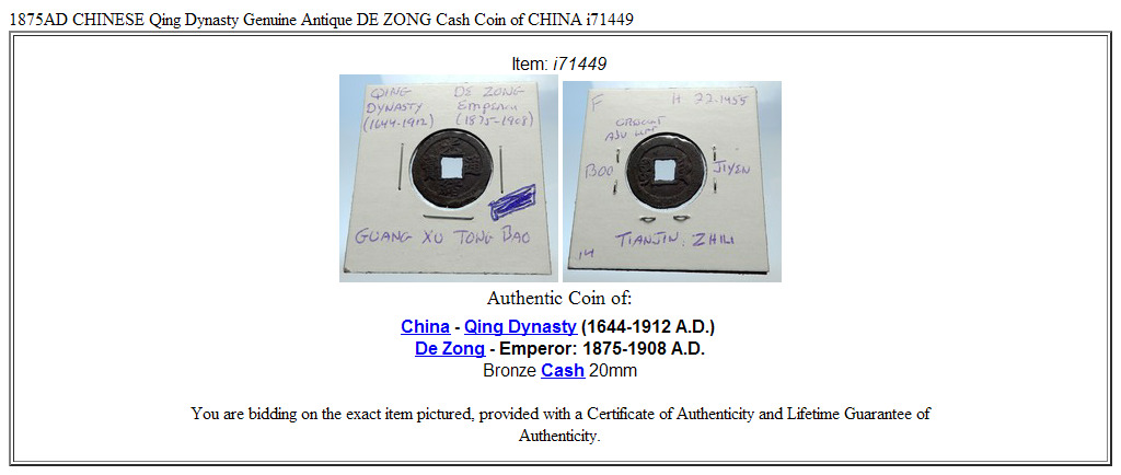 1875AD CHINESE Qing Dynasty Genuine Antique DE ZONG Cash Coin of CHINA i71449