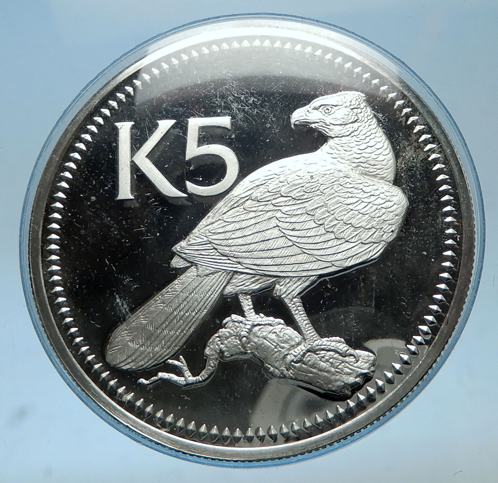 1977 PAPUA NEW GUINEA Proof Silver 5 Kina Coin w PAPUAN Harpy EAGLE i68566