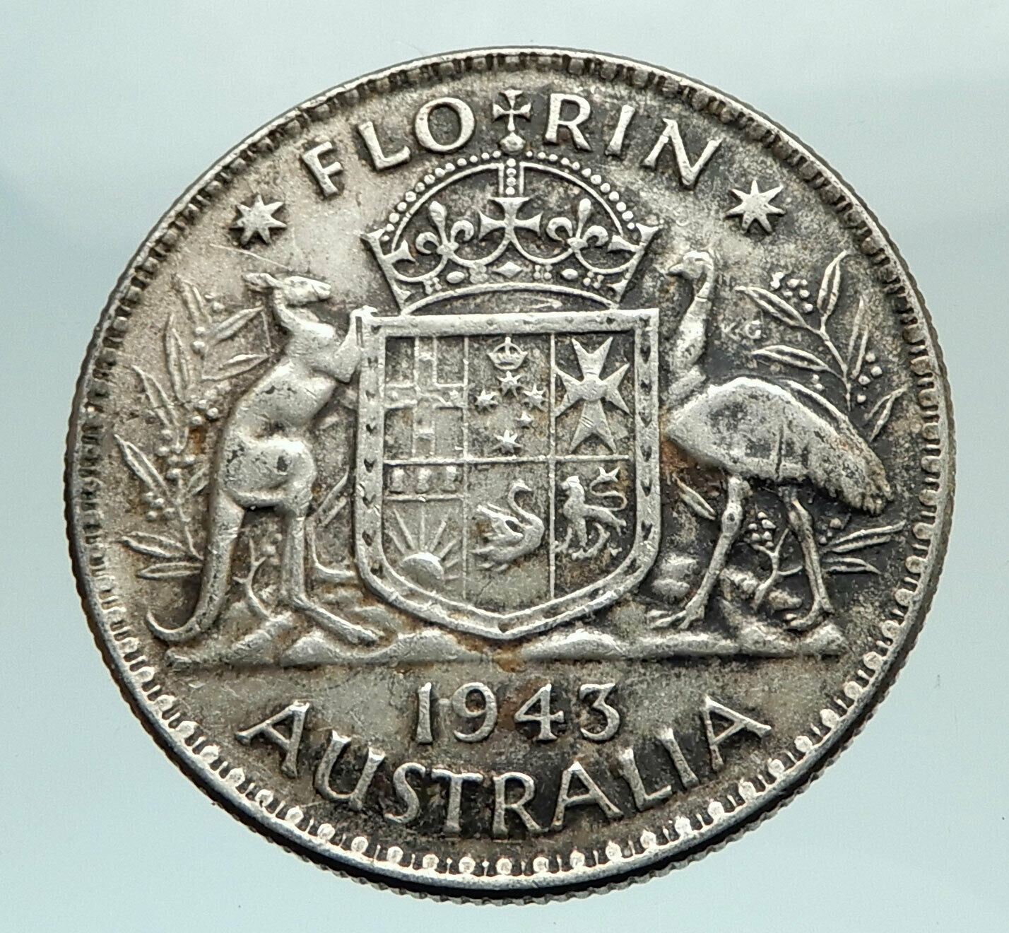 1943 AUSTRALIA Large King George VI Kangaroos Antique Silver Florin Coin i74481