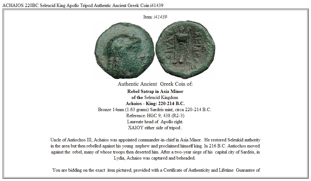 ACHAIOS 220BC Seleucid King Apollo Tripod Authentic Ancient Greek Coin i41439