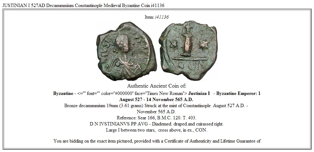 JUSTINIAN I 527AD Decanummium Constantinople Medieval Byzantine Coin i41136