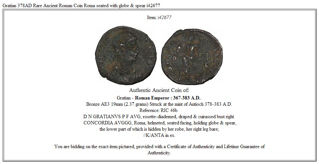 Gratian 378AD Rare Ancient Roman Coin Roma seated with globe & spear i42677