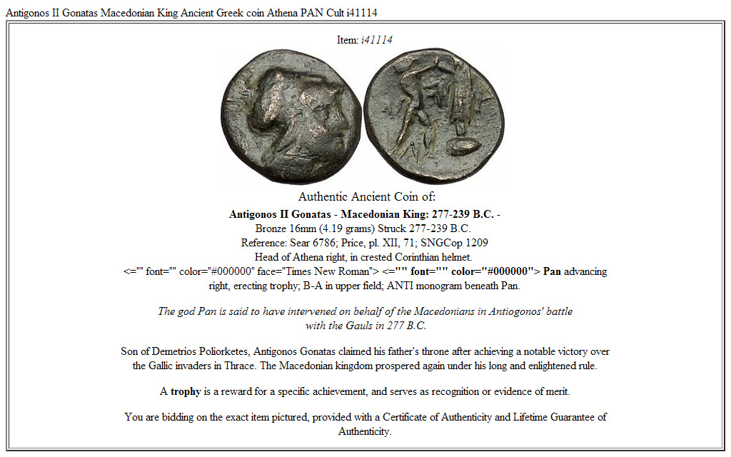 Antigonos II Gonatas Macedonian King Ancient Greek coin Athena PAN Cult i41114
