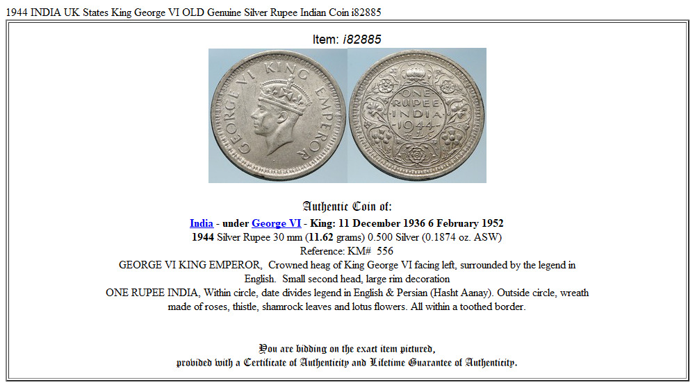 1944 INDIA UK States King George VI OLD Genuine Silver Rupee Indian Coin i82885