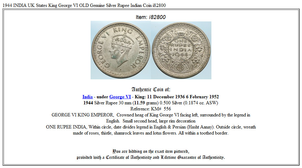 1944 INDIA UK States King George VI OLD Genuine Silver Rupee Indian Coin i82800