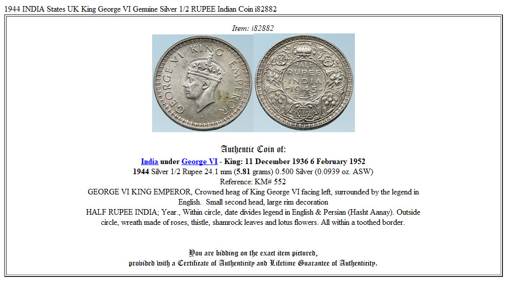 1944 INDIA States UK King George VI Genuine Silver 1/2 RUPEE Indian Coin i82882