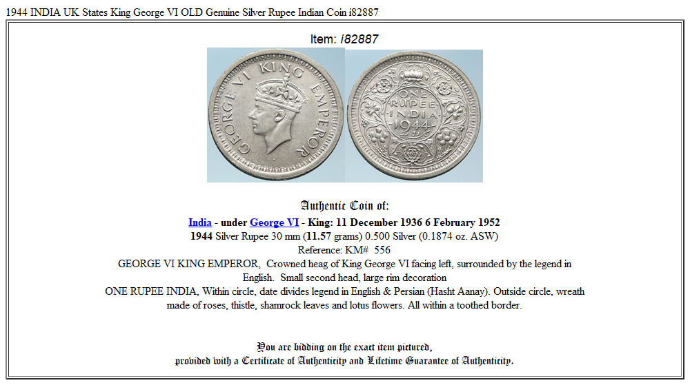 1944 INDIA UK States King George VI OLD Genuine Silver Rupee Indian Coin i82887