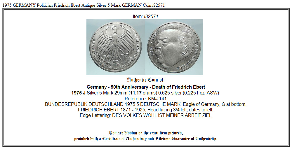 1975 GERMANY Politician Friedrich Ebert Antique Silver 5 Mark GERMAN Coin i82571