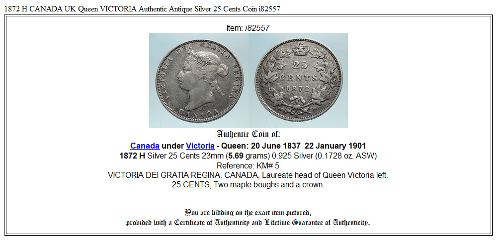 1872 H CANADA UK Queen VICTORIA Authentic Antique Silver 25 Cents Coin i82557