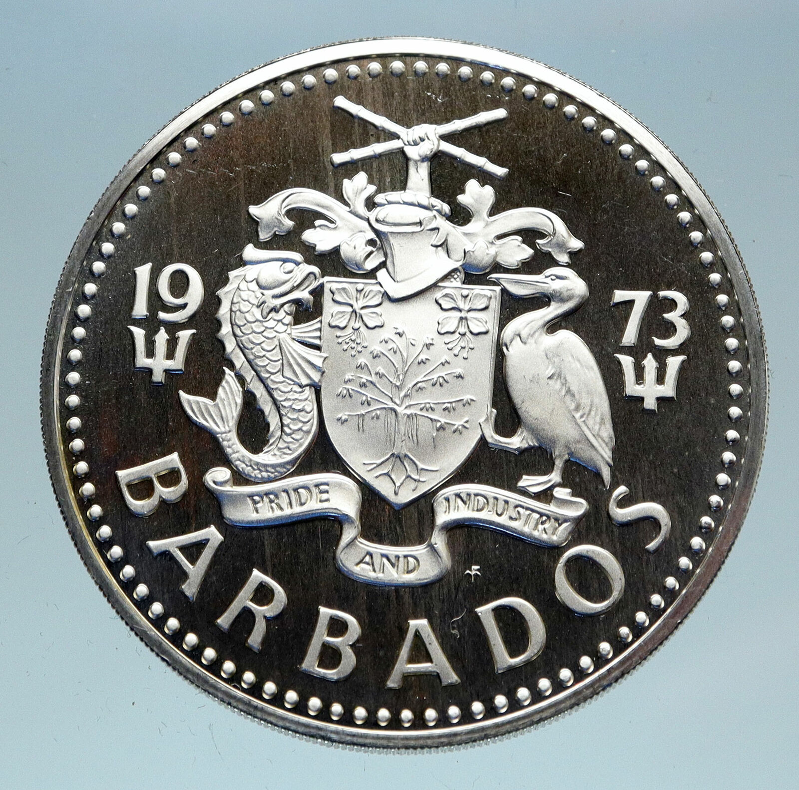 1973 BARBADOS Huge 4.2cm Genuine Proof Silver 10 Dollars Coin w NEPTUNE i83070