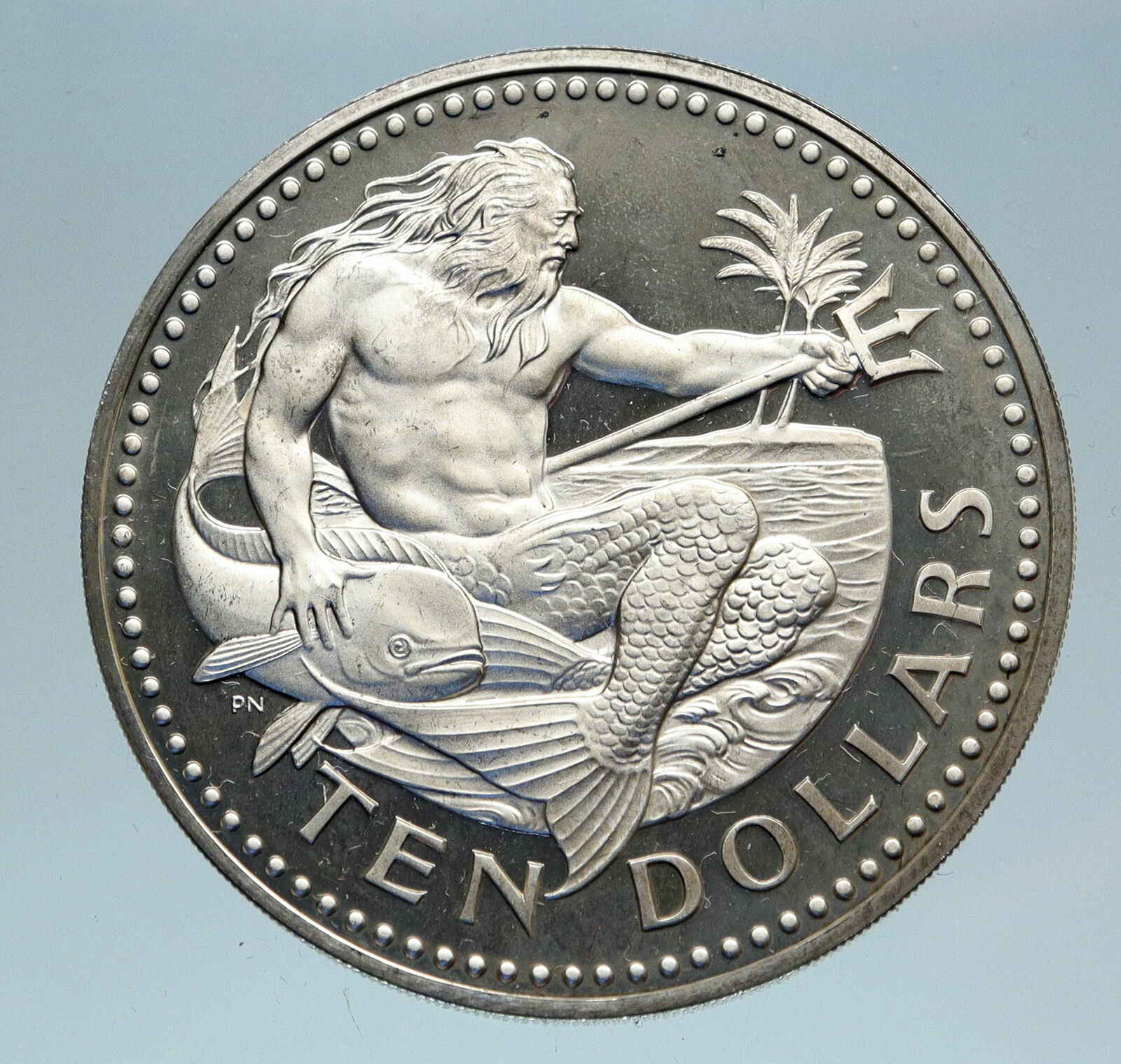 1973 BARBADOS Huge 4.2cm Genuine Proof Silver 10 Dollars Coin w NEPTUNE i83070