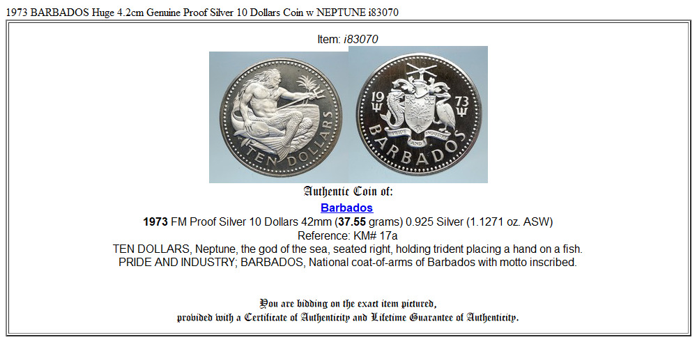 1973 BARBADOS Huge 4.2cm Genuine Proof Silver 10 Dollars Coin w NEPTUNE i83070