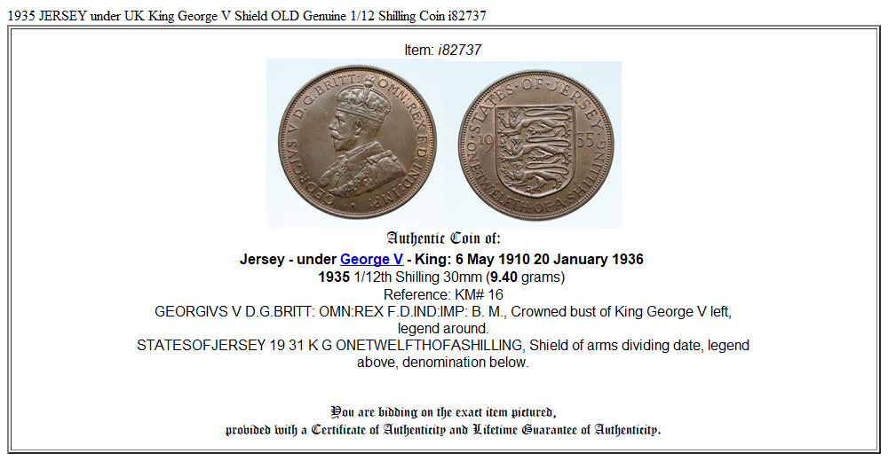 1935 JERSEY under UK King George V Shield OLD Genuine 1/12 Shilling Coin i82737