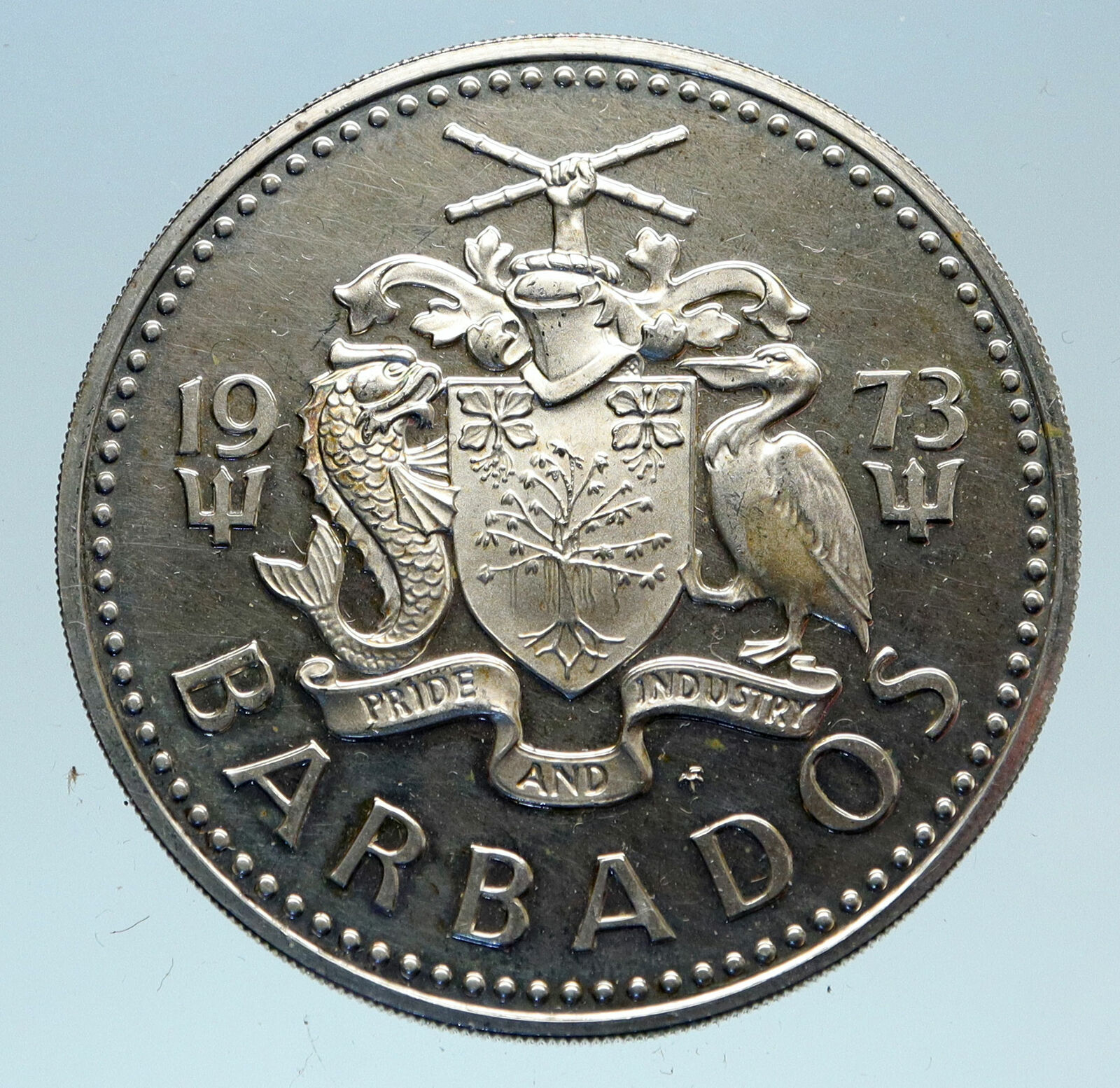 1973 BARBADOS Proof Arms Fountain Trafalgar Antique Silver 5 Dollars Coin i83065