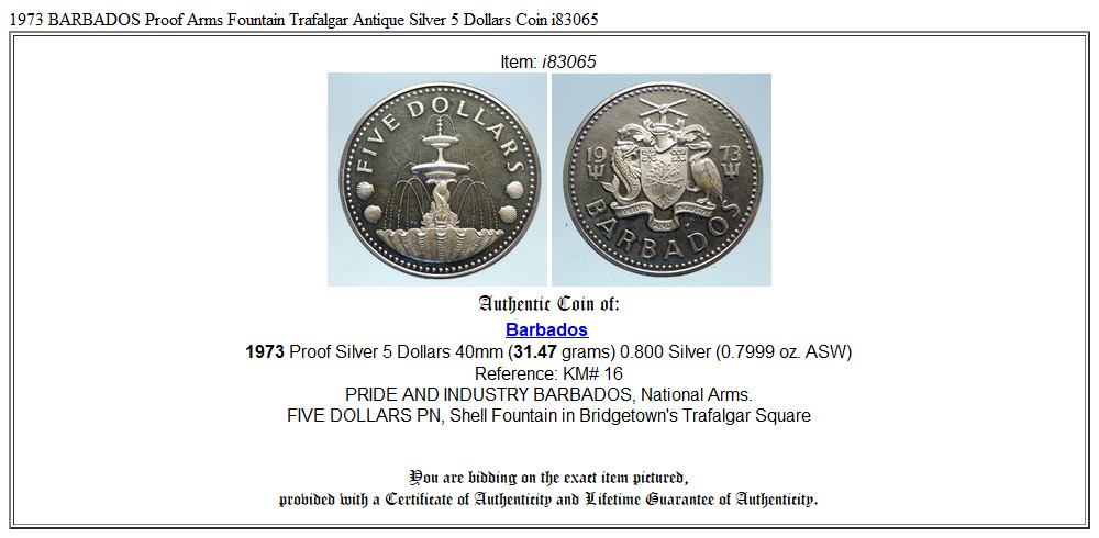 1973 BARBADOS Proof Arms Fountain Trafalgar Antique Silver 5 Dollars Coin i83065