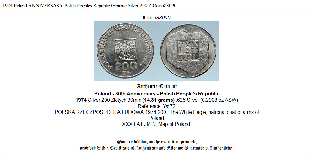 1974 Poland ANNIVERSARY Polish Peoples Republic Genuine Silver 200 Z Coin i83090