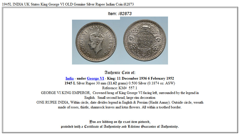 1945L INDIA UK States King George VI OLD Genuine Silver Rupee Indian Coin i82873