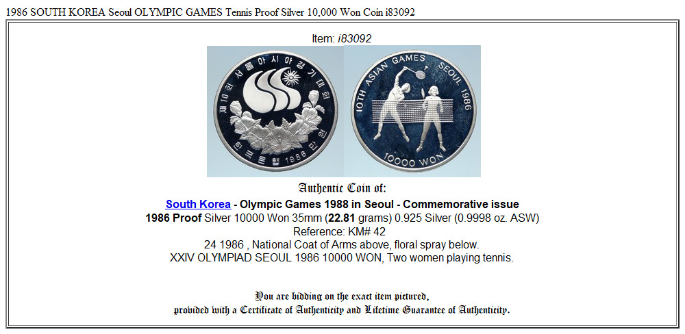 1986 SOUTH KOREA Seoul OLYMPIC GAMES Tennis Proof Silver 10,000 Won Coin i83092