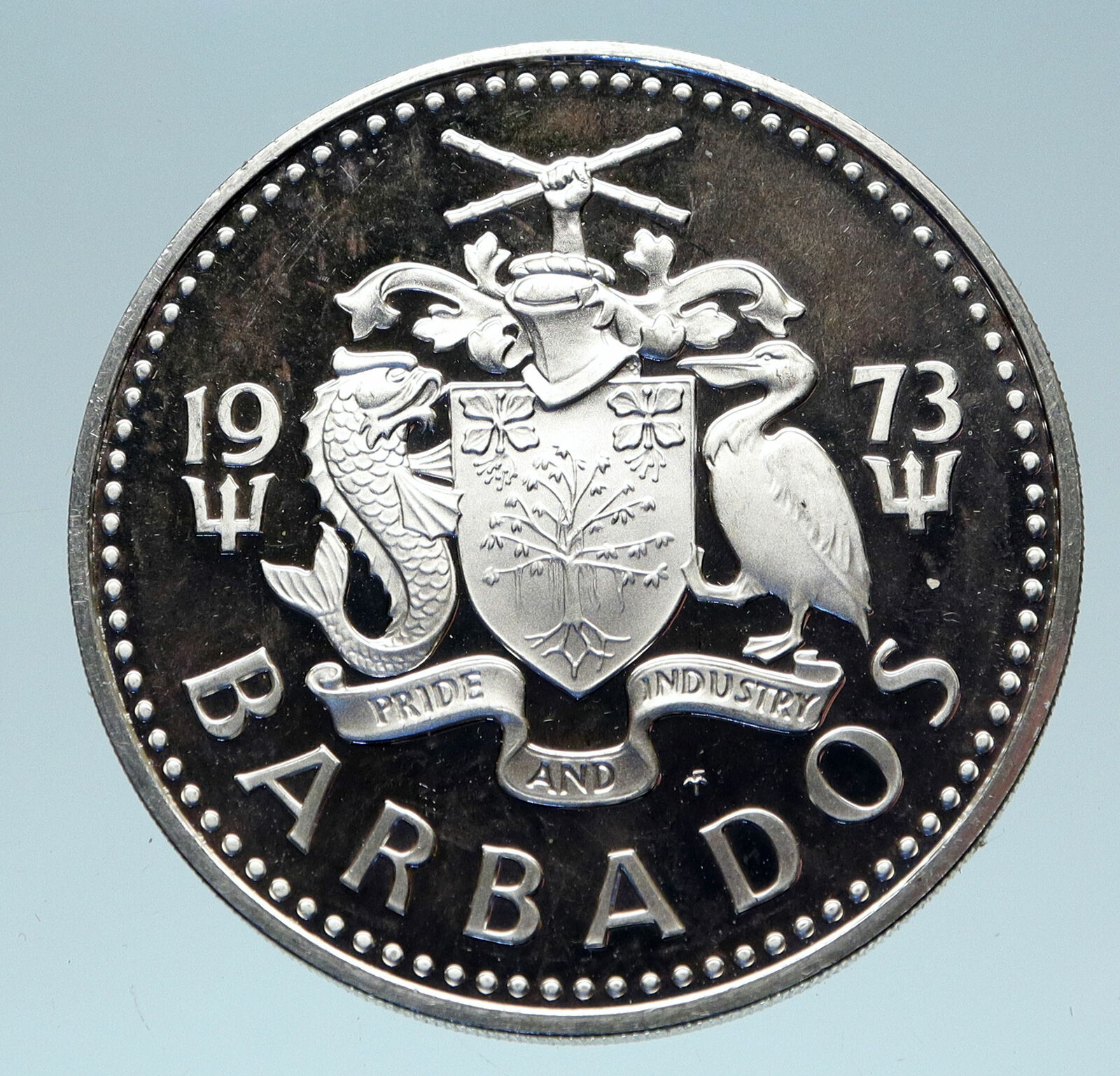 1973 BARBADOS Proof Arms Fountain Trafalgar Antique Silver 5 Dollars Coin i83097