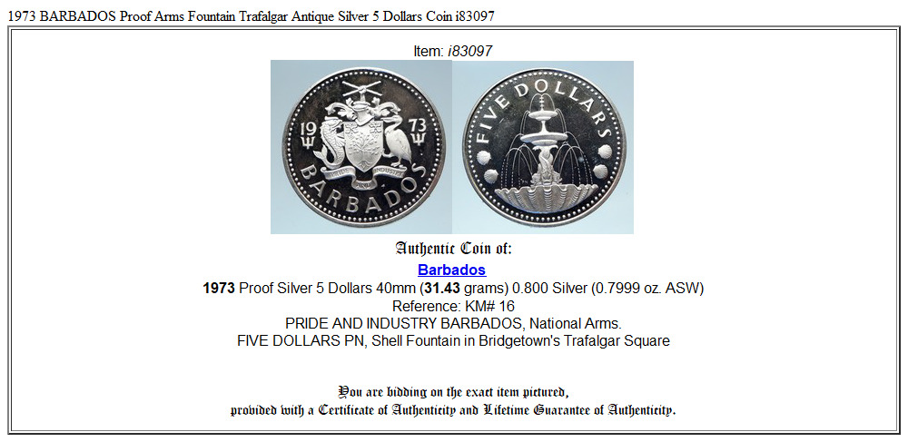 1973 BARBADOS Proof Arms Fountain Trafalgar Antique Silver 5 Dollars Coin i83097