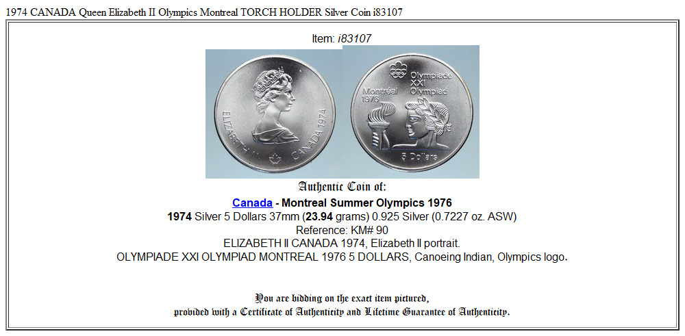 1974 CANADA Queen Elizabeth II Olympics Montreal TORCH HOLDER Silver Coin i83107