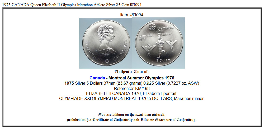 1975 CANADA Queen Elizabeth II Olympics Marathon Athlete Silver $5 Coin i83094