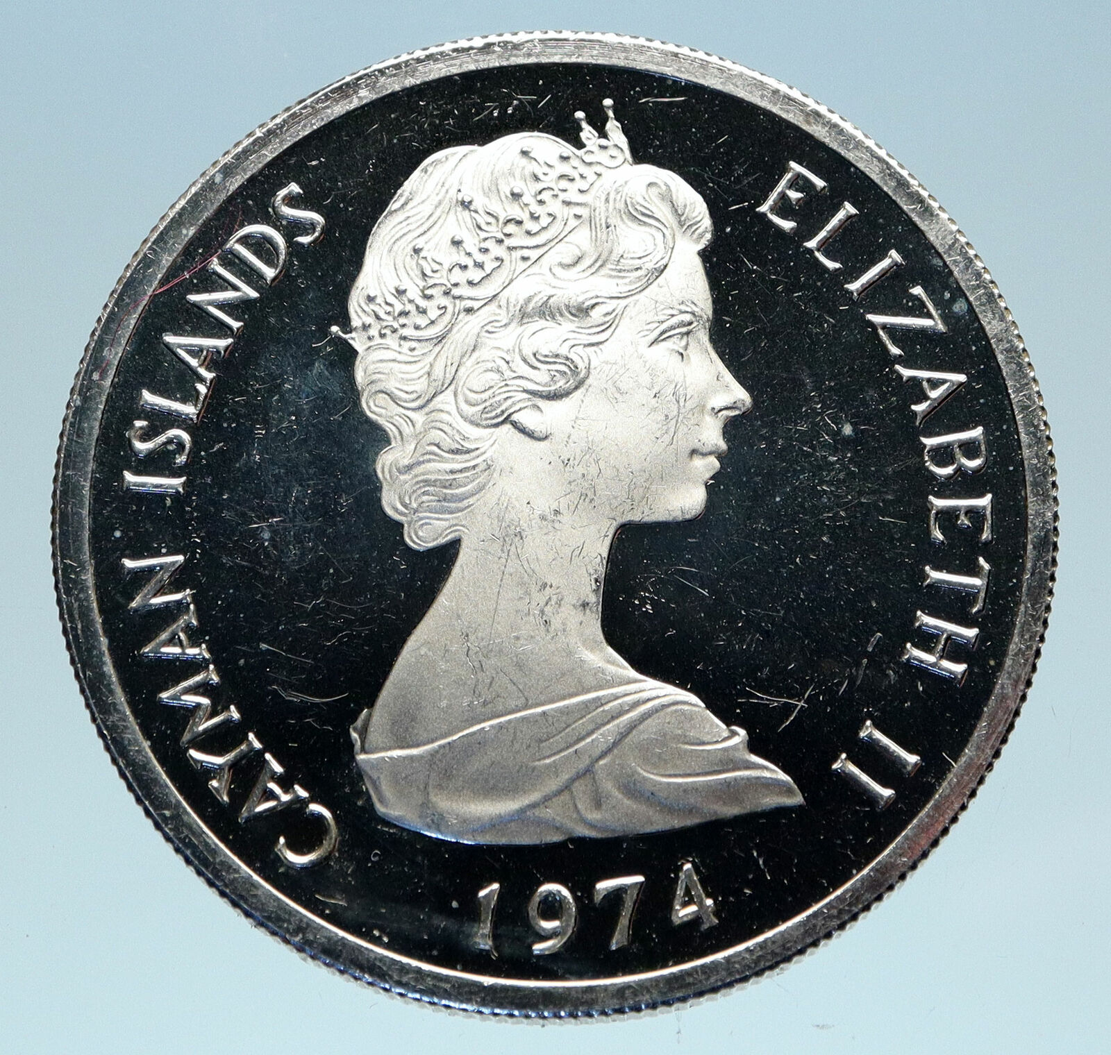 1974 CAYMAN ISLANDS 4.2cm Proof Silver $5 Coin w UK Queen Elizabeth II i83105