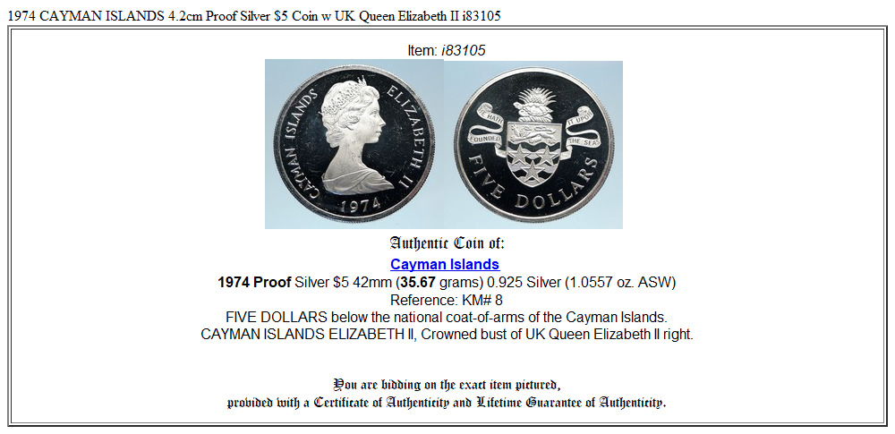 1974 CAYMAN ISLANDS 4.2cm Proof Silver $5 Coin w UK Queen Elizabeth II i83105